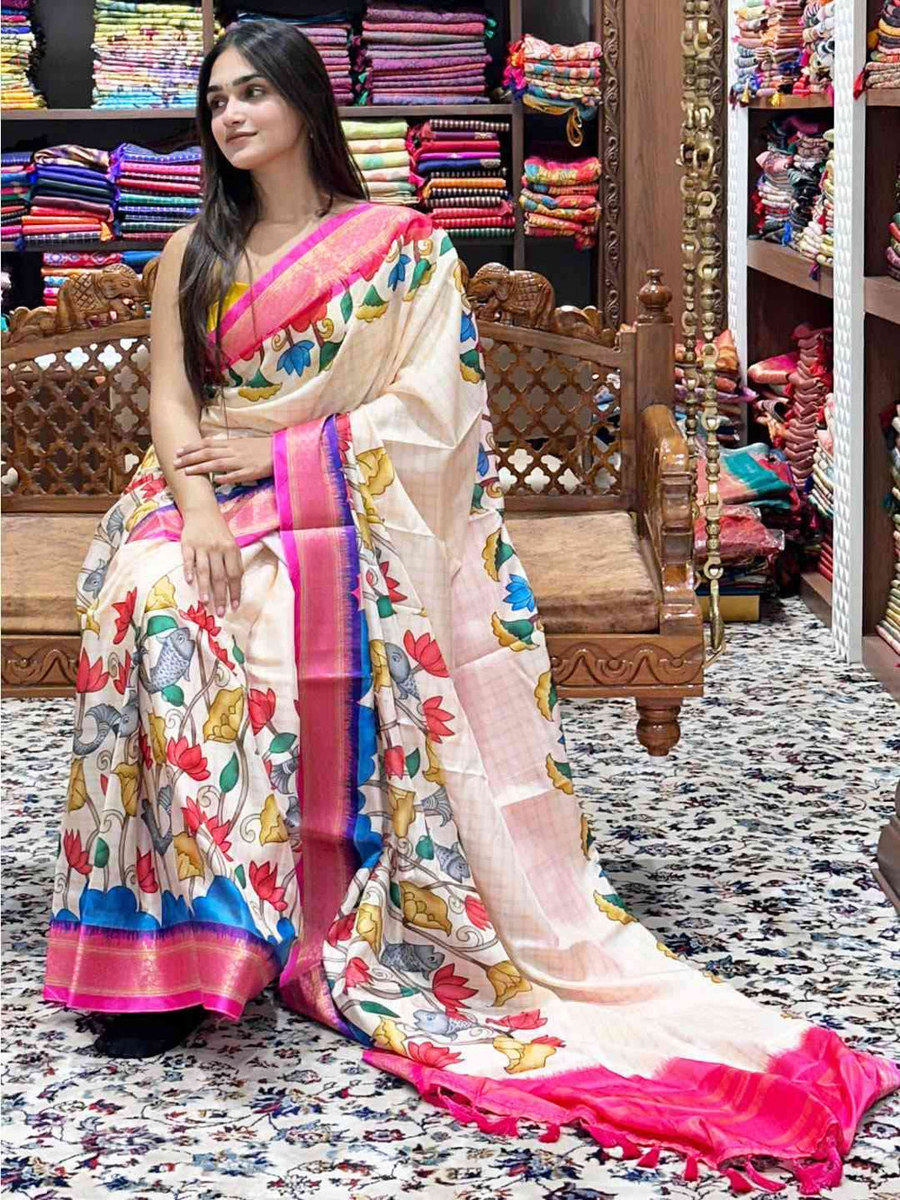 Pink Uppada Kalamkari Digital Print Saree on display Vastranand 