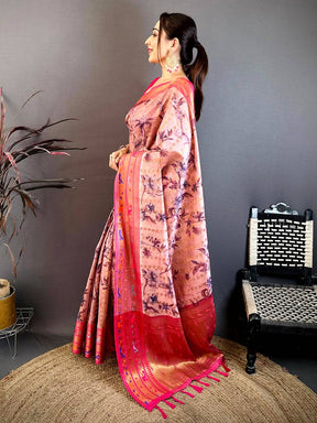 Dark Peach Paithani Border Kora Tissue Saree