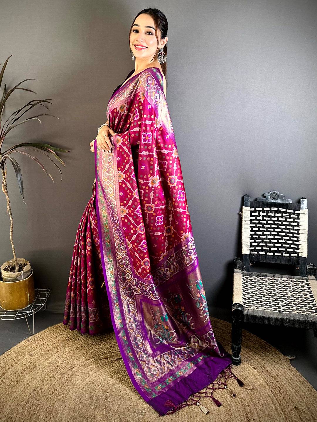 Wine Soft Semi Silk Double Ikkat Patola Saree
