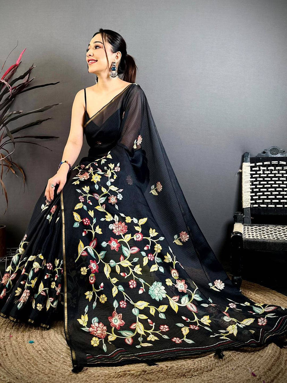 Royal Kota Doriya Floral Kalamkari Saree