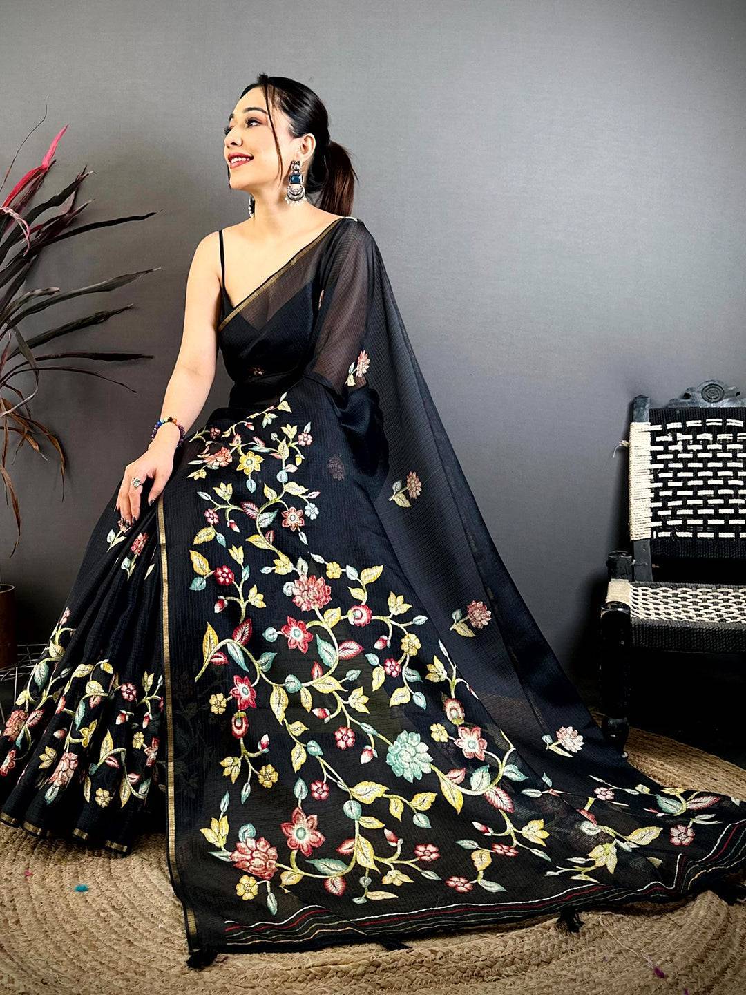 Royal Kota Doriya Floral Kalamkari Saree