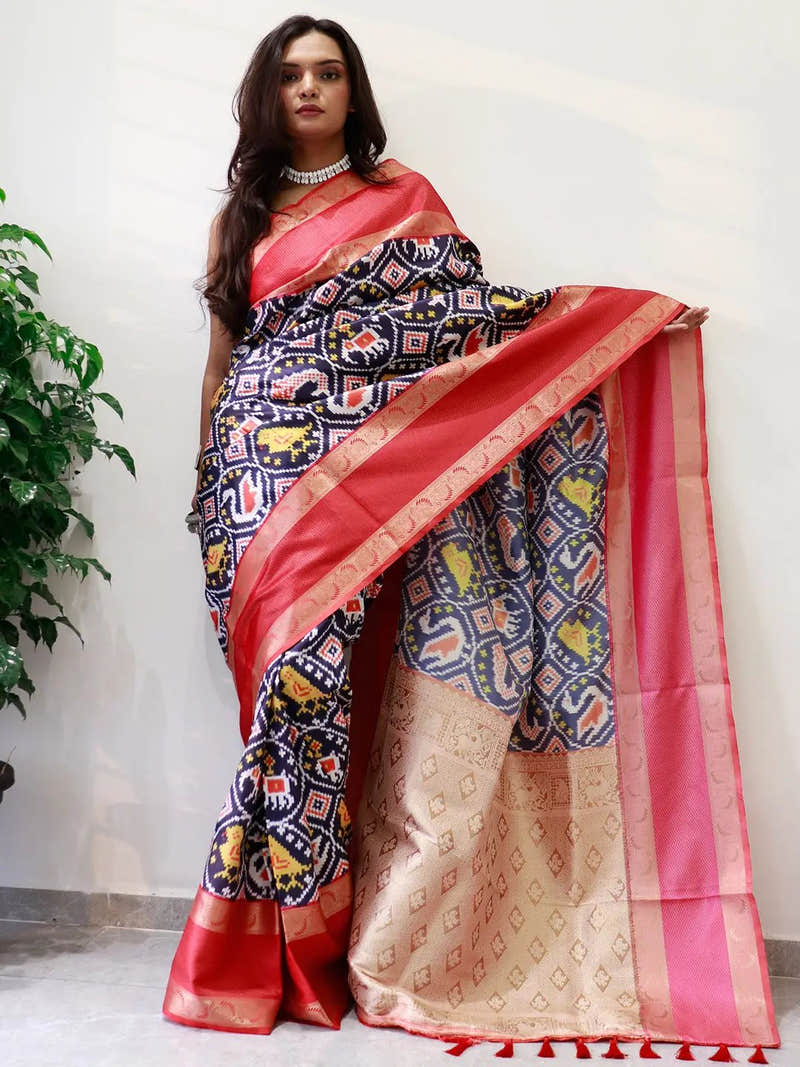 Attractive Soft Silk Gadwal Border Pochampally Print Saree