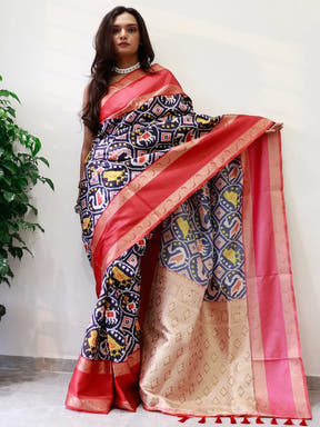 Elegant soft silk saree with Gadwal border and Pochampally print