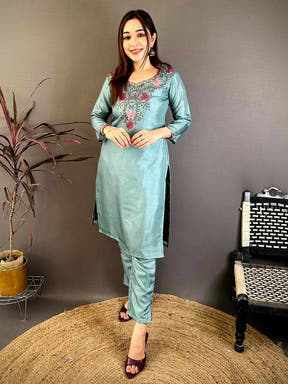 Stylish Paan Neck Ari Work Cotton Kurti