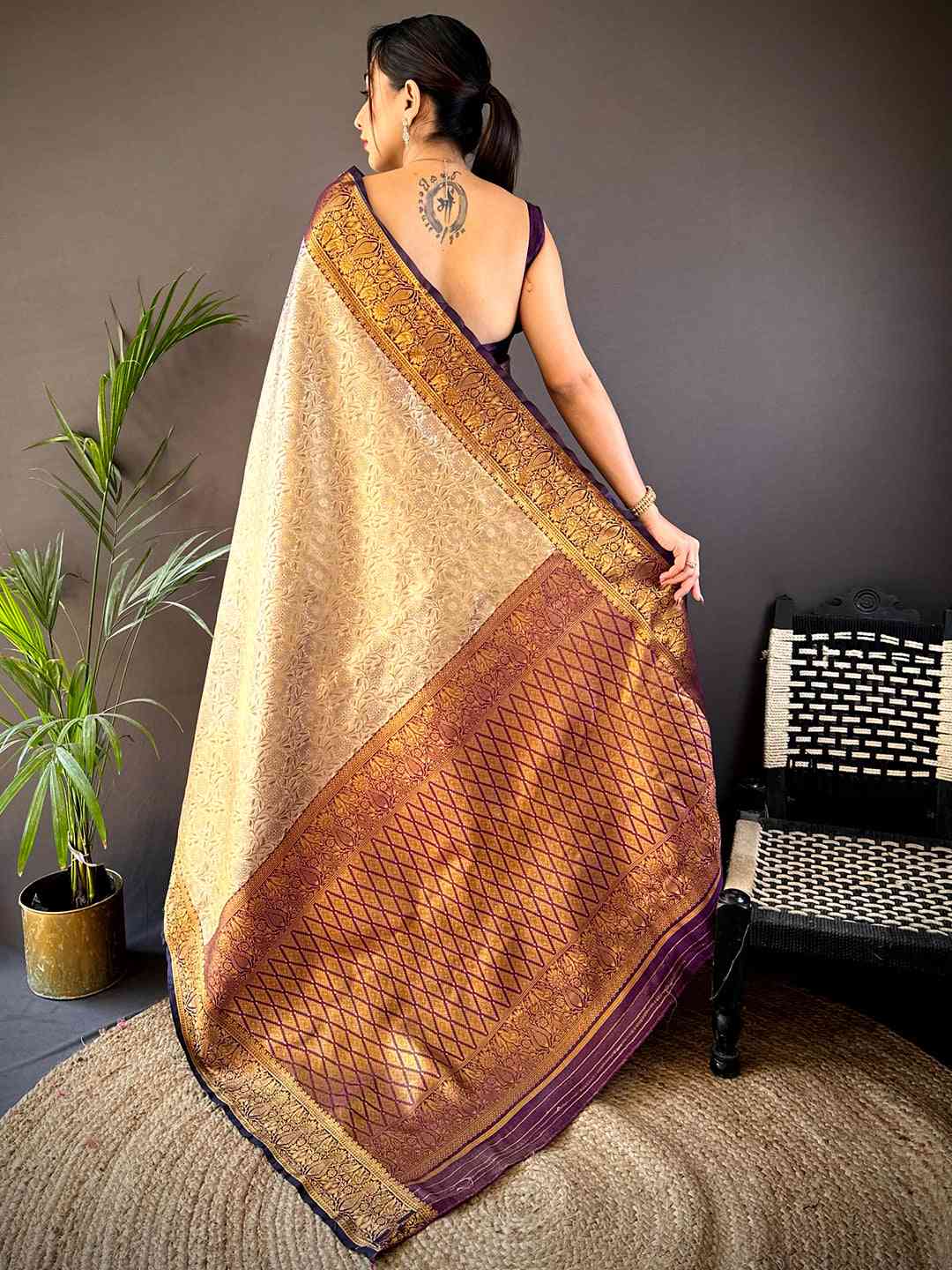 Gold Zari Floral Saree in Black
