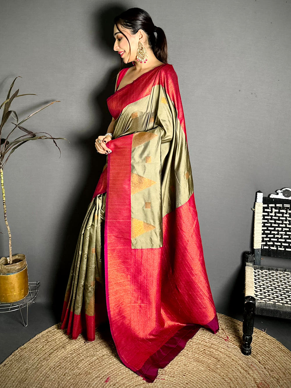 Olive Green Soft Silk Kanjivaram Saree
