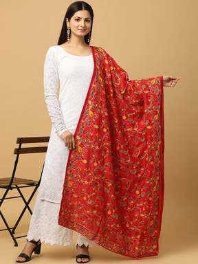 Red Poly Chiffon Pashmina Dupatta with Threadwork