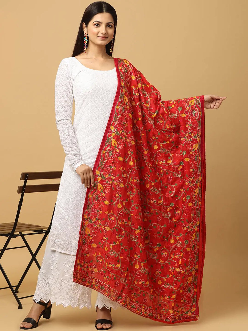 Red Poly Chiffon Pashmina Dupatta with Threadwork