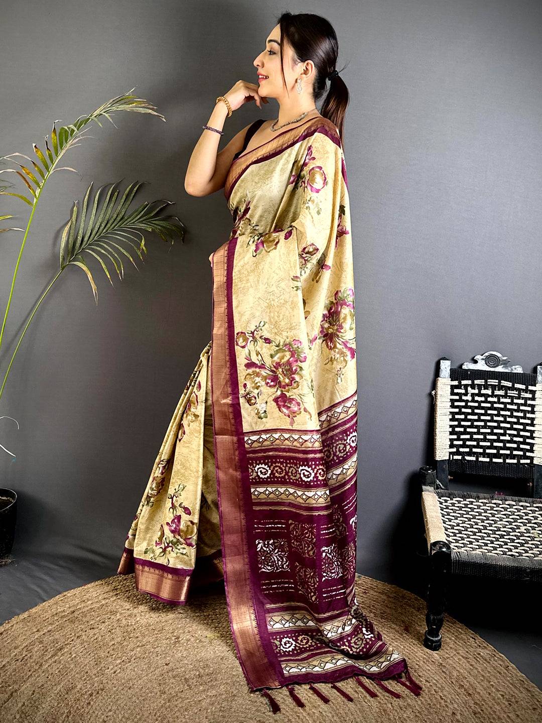 Heritage Cream Floral Dola Silk Saree



