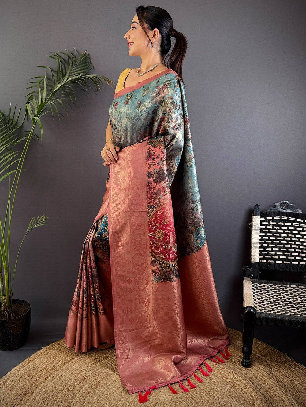 Regal Blue Kanjivaram Silk Digital Print Saree