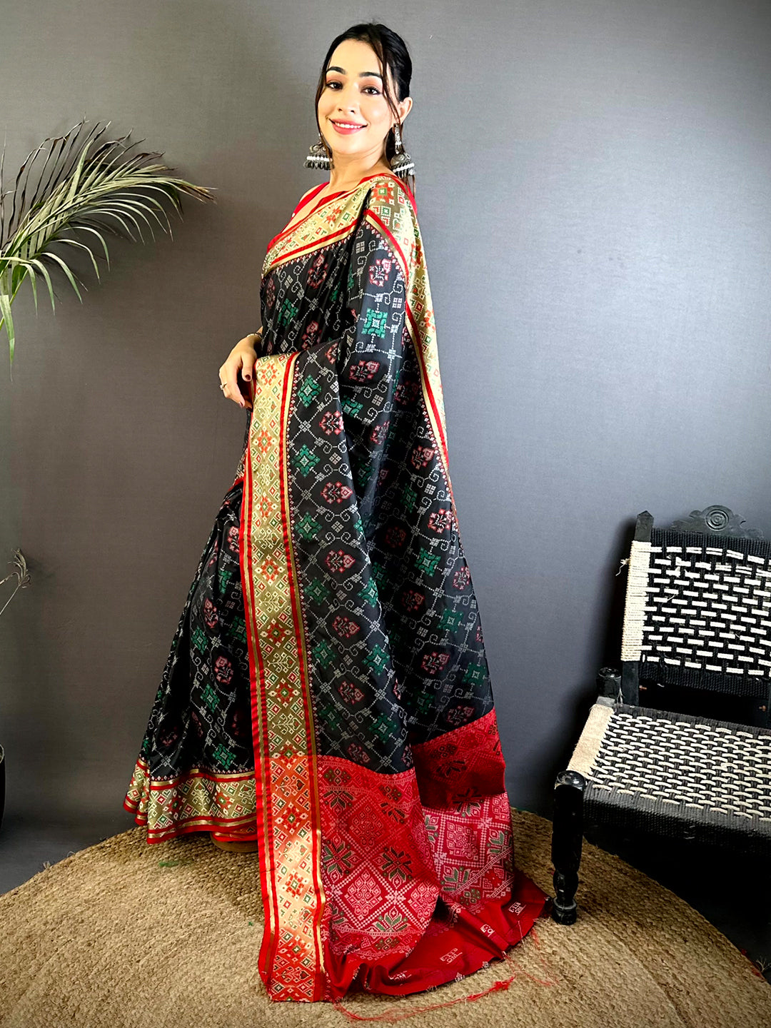Black Pochampally Patola Soft Silk Saree