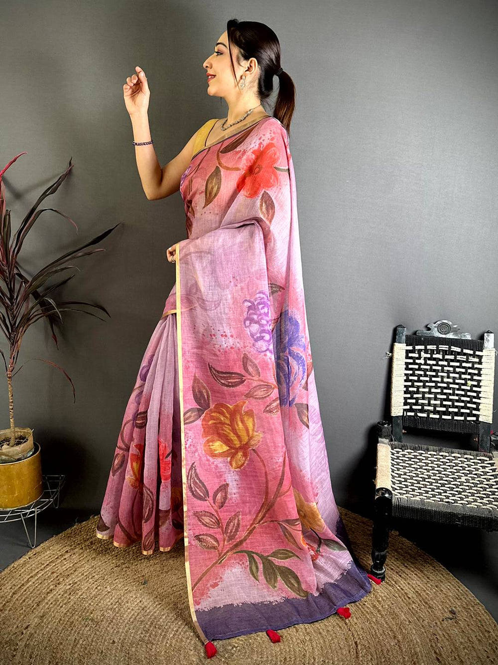 Pink Gold Zari Linen Chanderi Saree