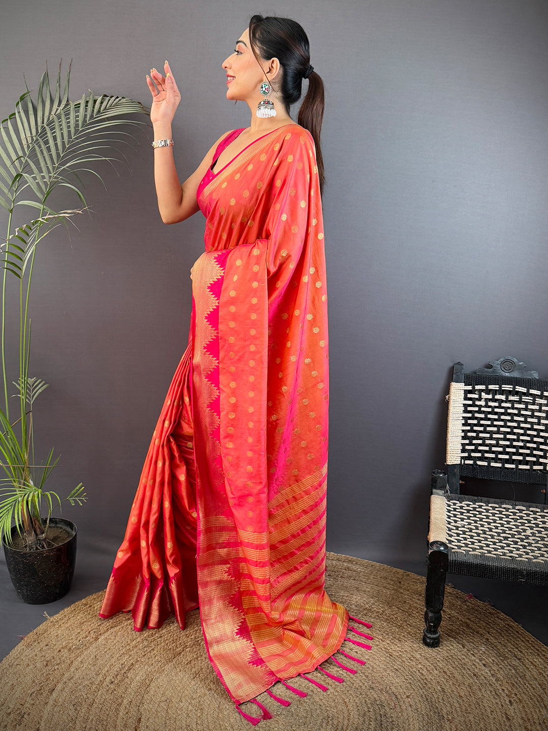 Orange Hand Dyed Raw Silk Saree