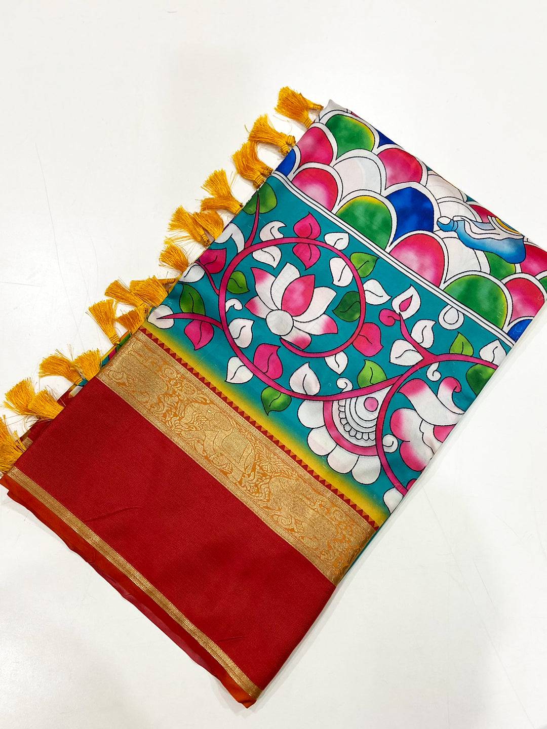 Vibrant Teal Banarasi Kalamkari Silk Saree