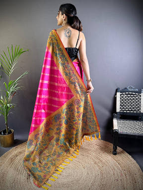 Pink Gold Zari And Kalamkari Print Saree