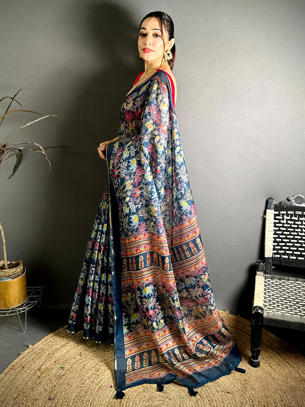 Navy Kota Doriya Kalamkari Print Saree