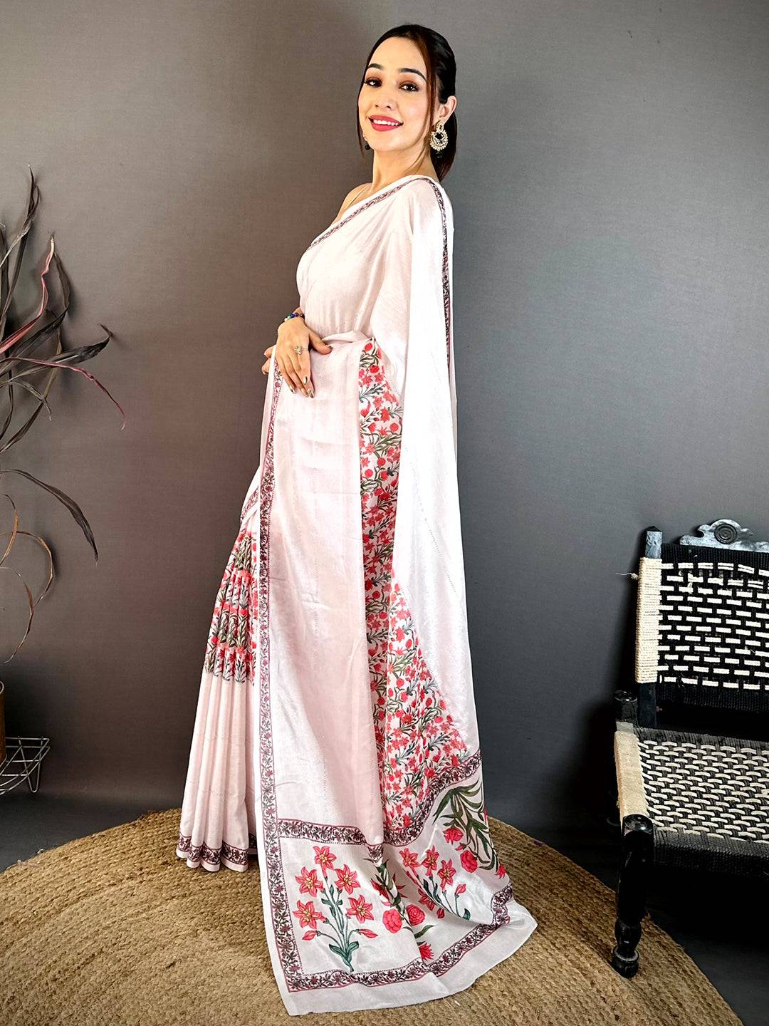 Elegant White Floral Soft Chiffon Saree