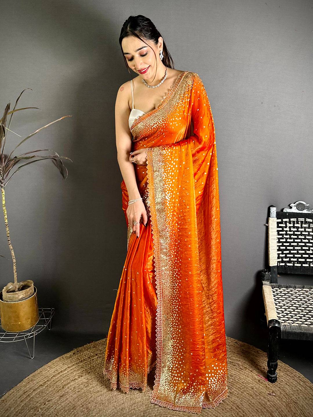 Stylish Golden Sequinne Work Silk Tissue Saree