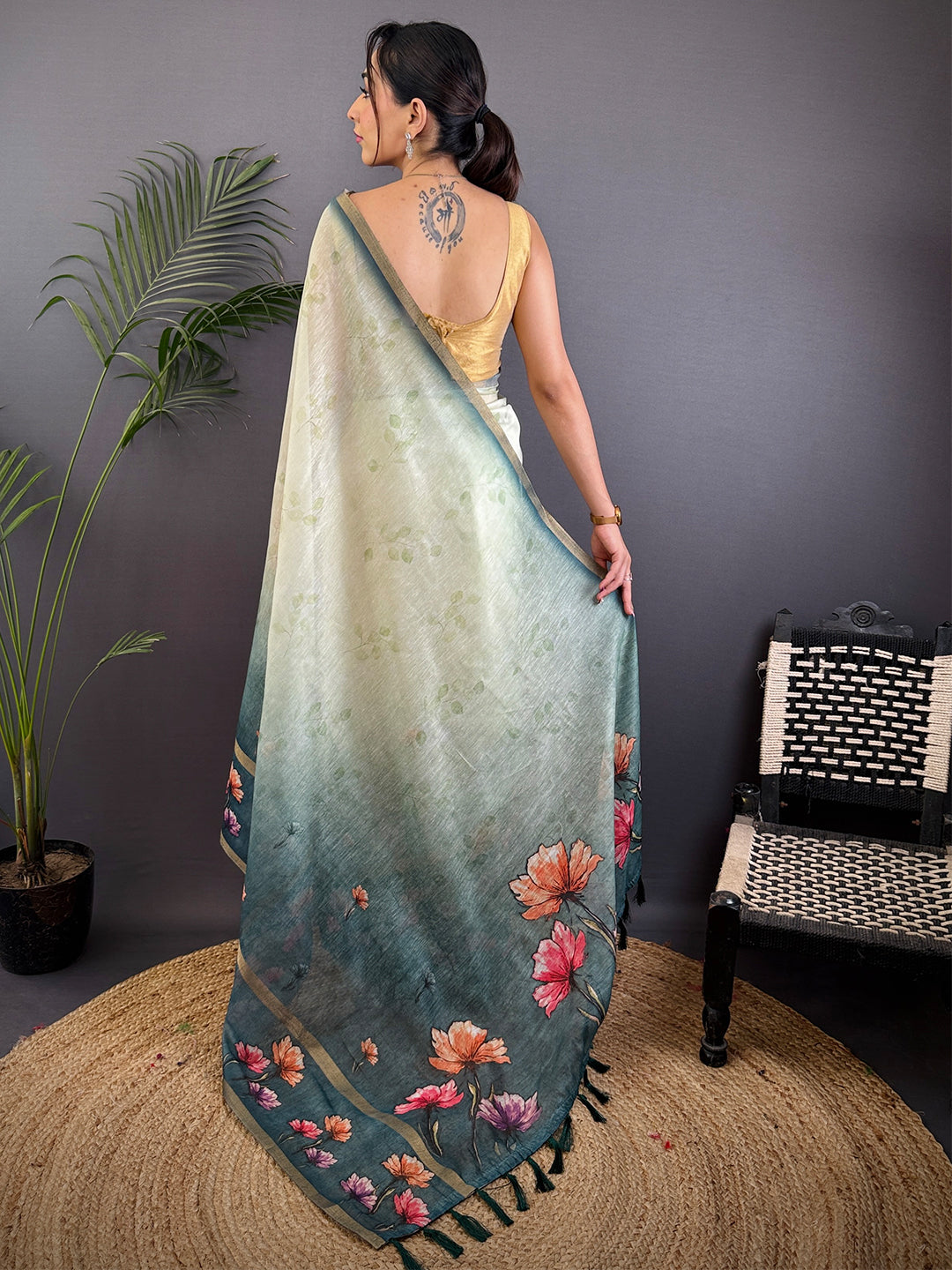 Teal Blue Linen Chanderi Floral Print Saree