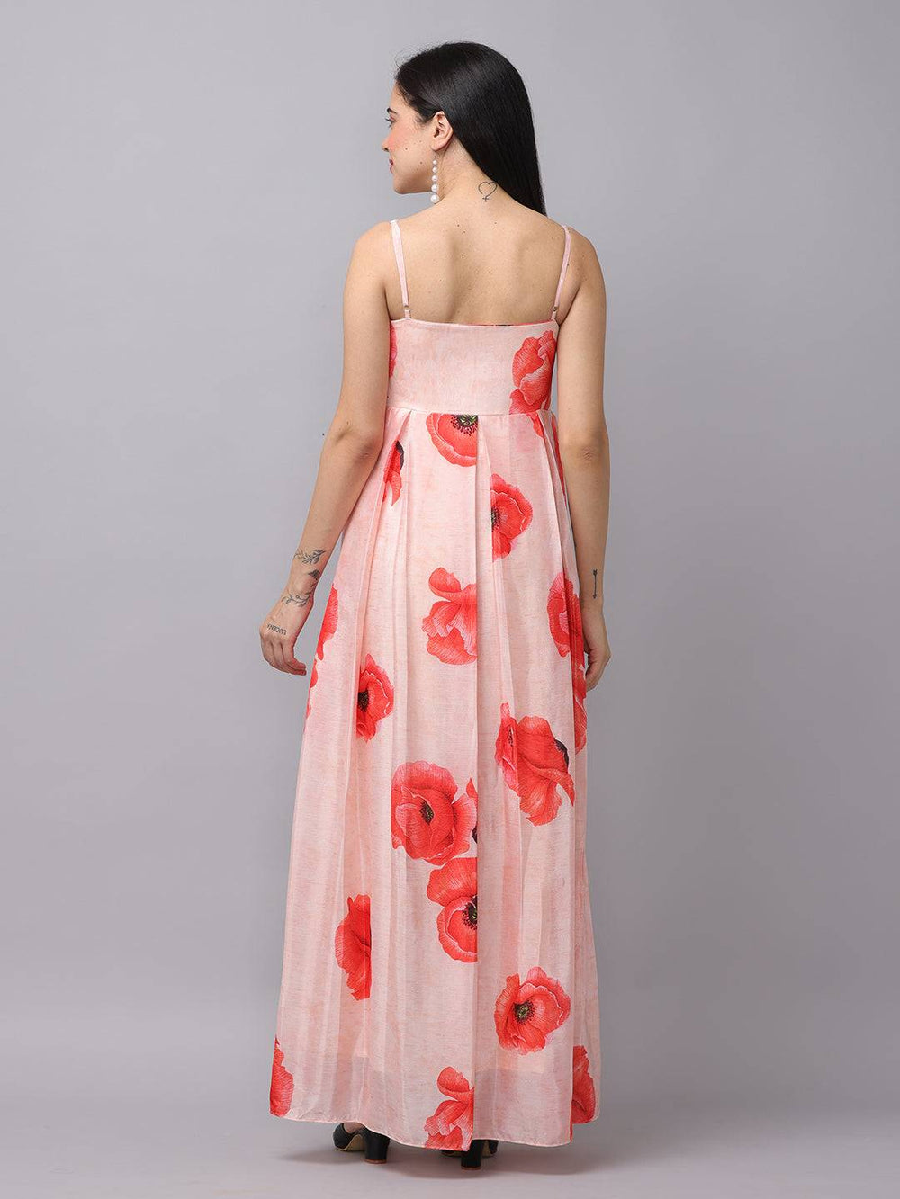 Blush pink dress with red floral print, back view