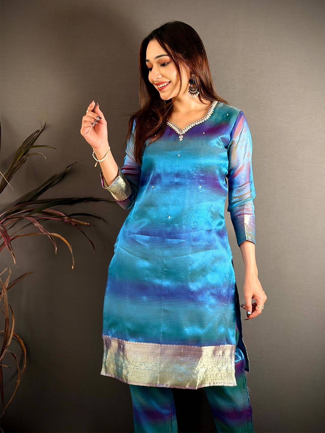Classic Tissue Silk Paan Neck Kurti
