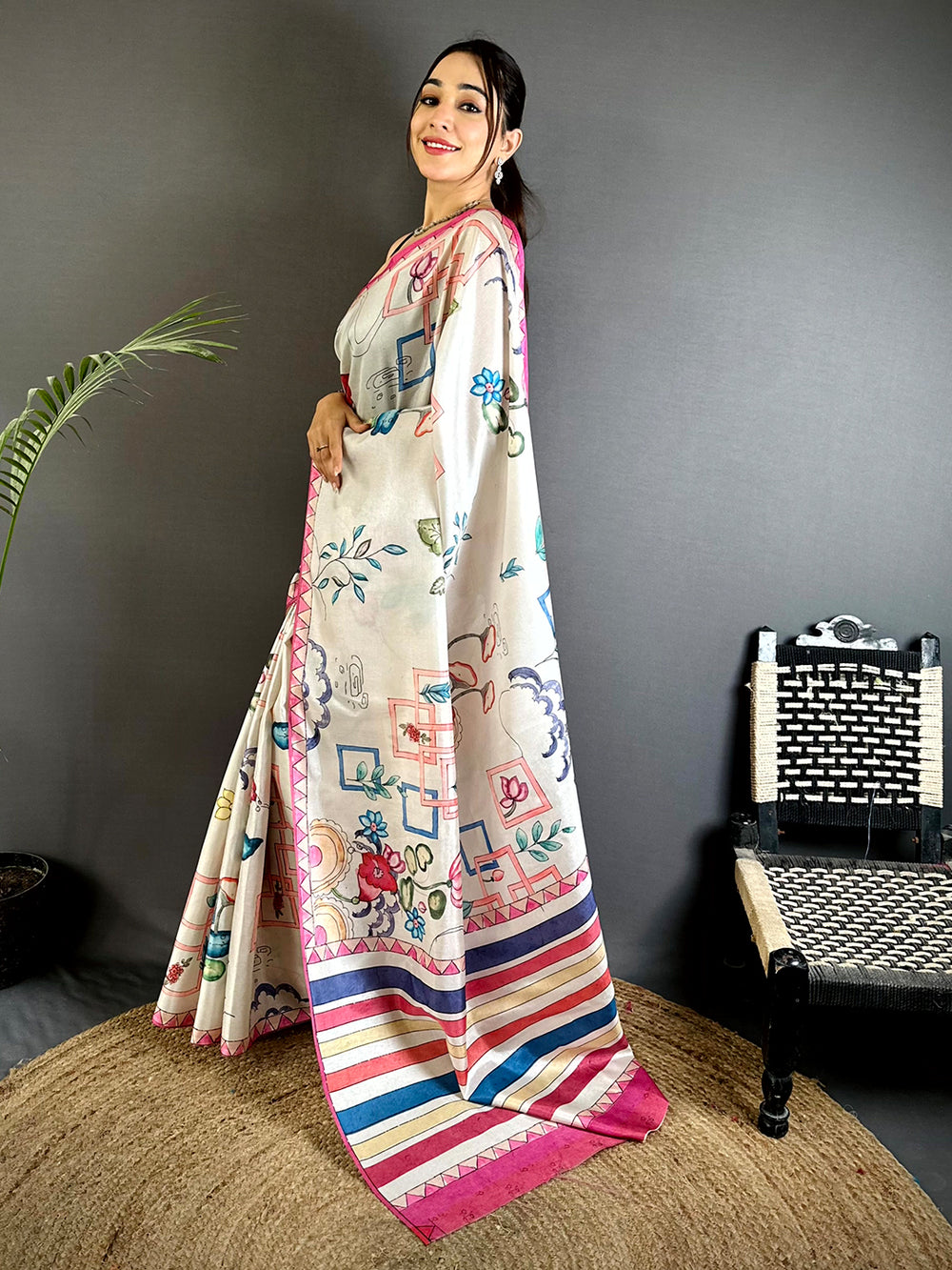 Off White Semi Tussar Striped Pallu Saree