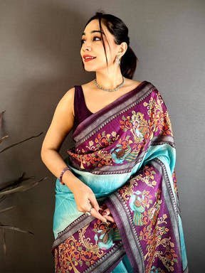 Turquoise Blue Pen Kalamkari Saree