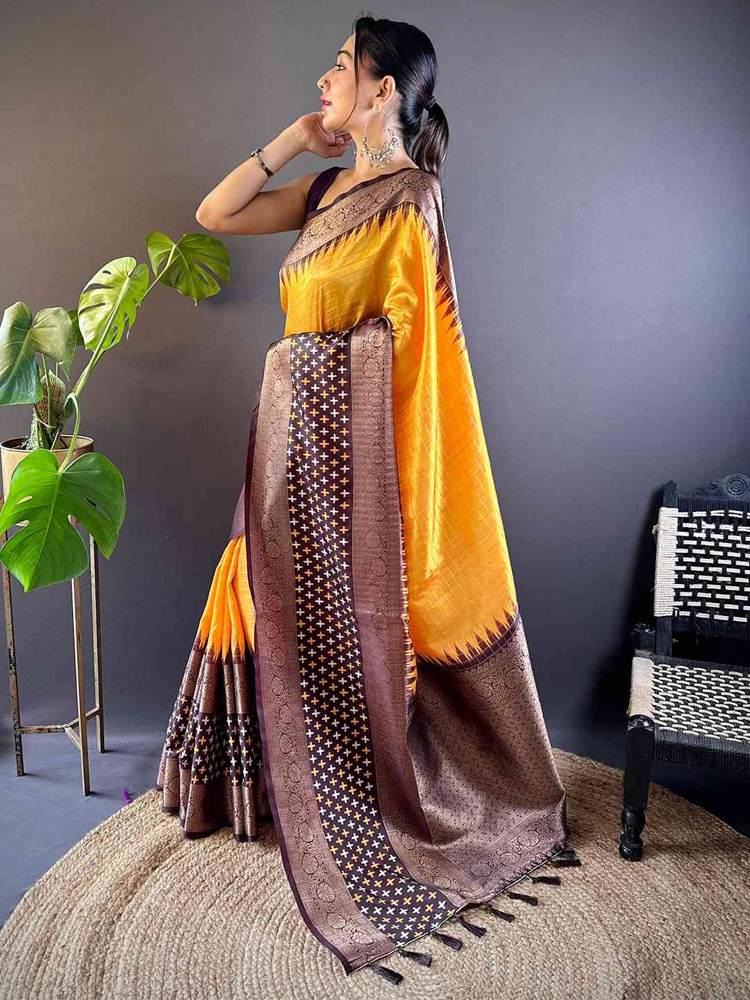 Traditional Yellow Chex Ikkat saree with double border