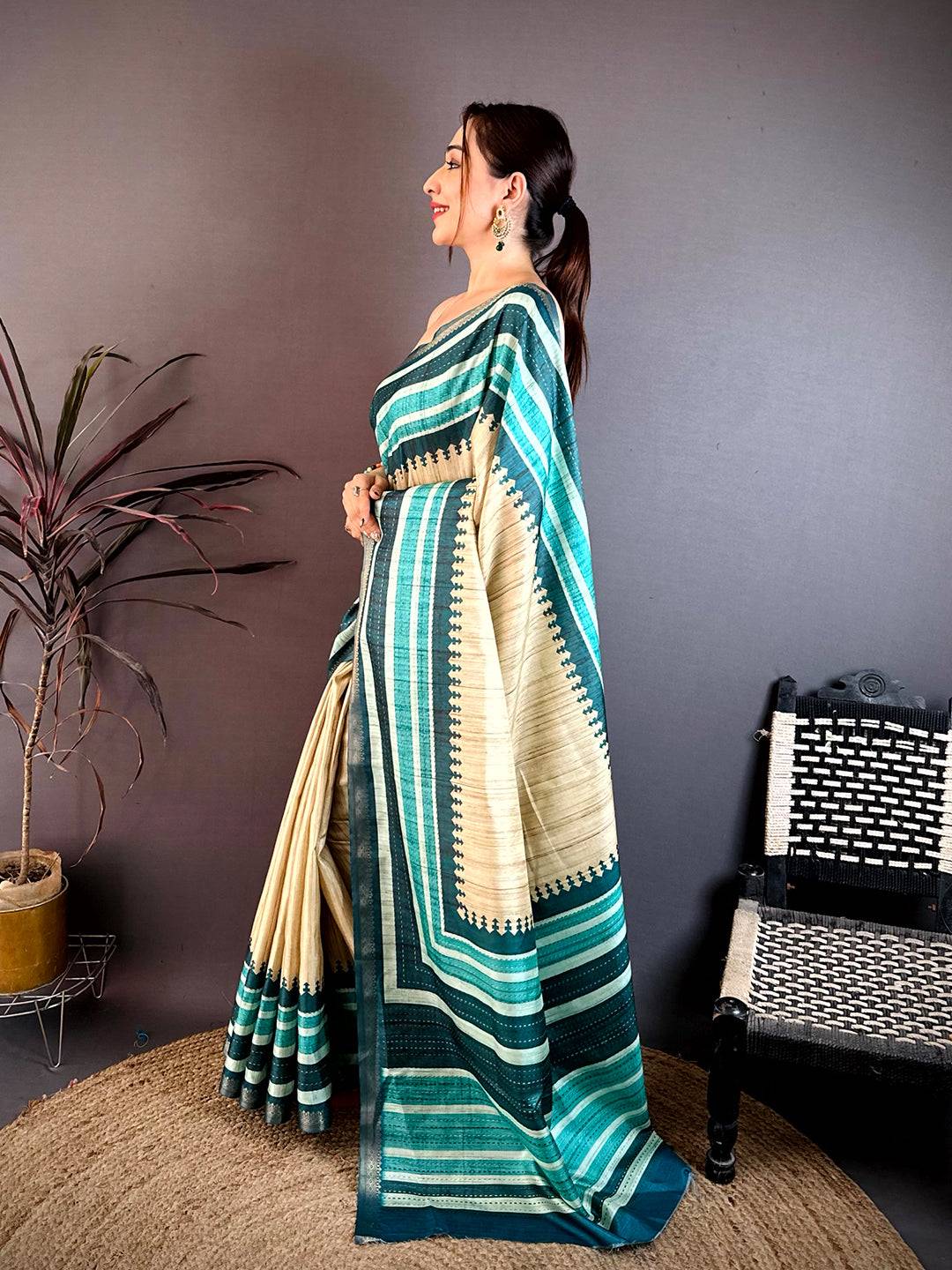 Elegant Soft Tussar Kantha Print Saree