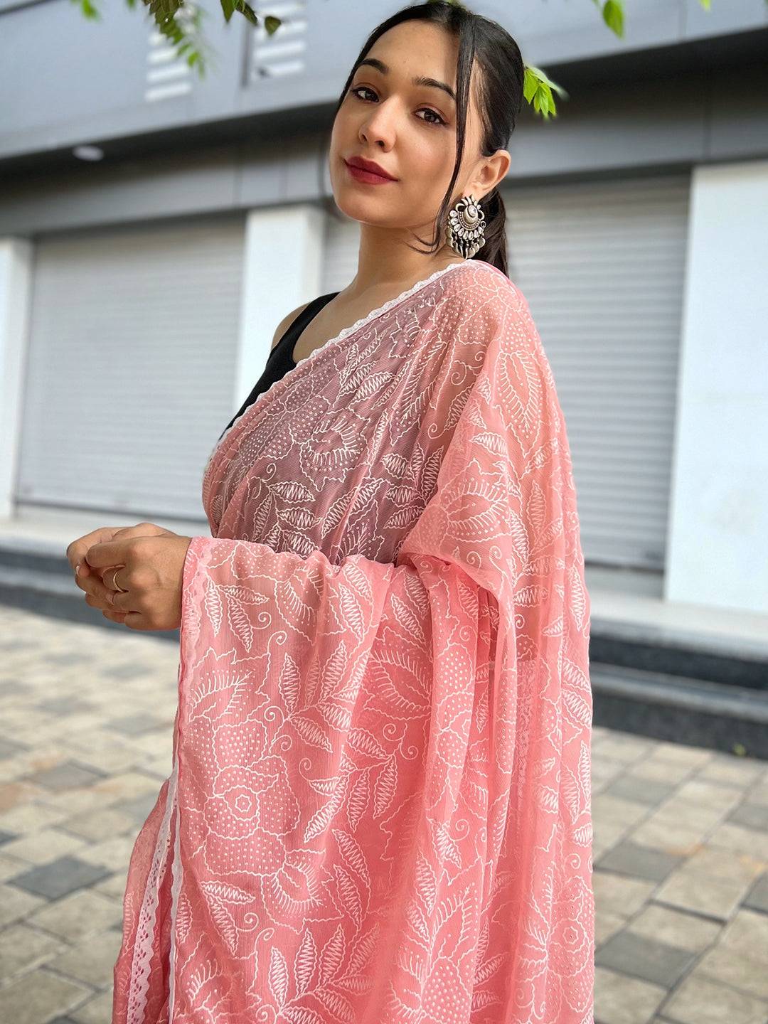 Chiffon Silk Saree With Lucknowi Print & Chikankari Lace 