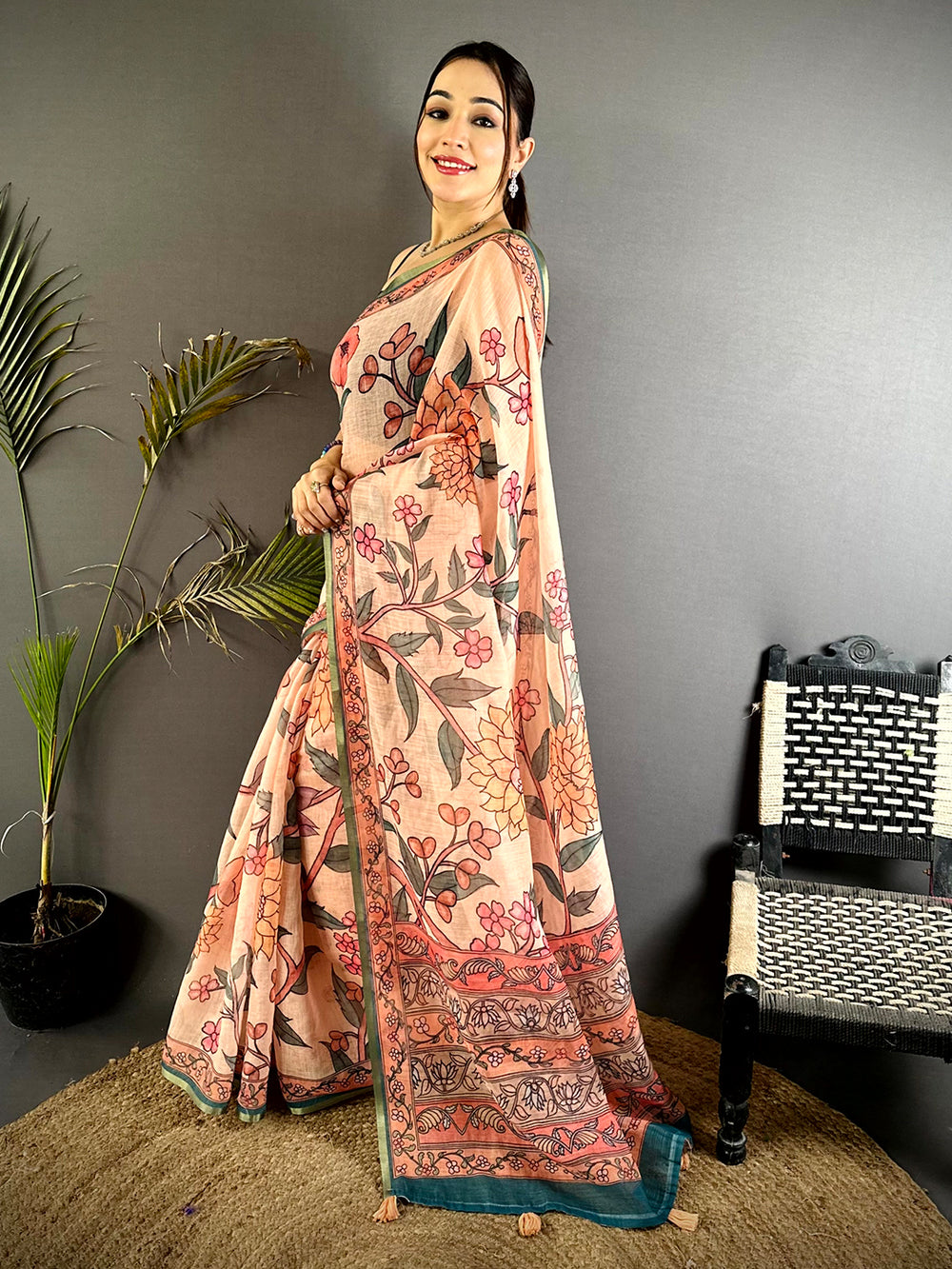 Peach Floral Soft Linen Summer Saree