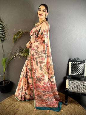 Peach Floral Soft Linen Summer Saree