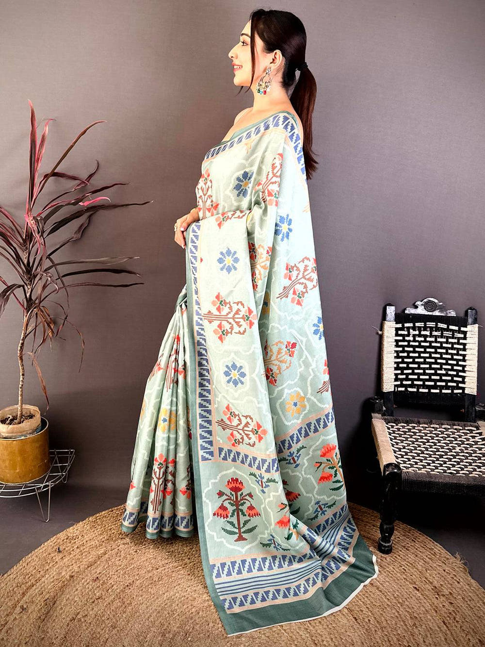 Sage Green Tussar Floral Digital Art Saree