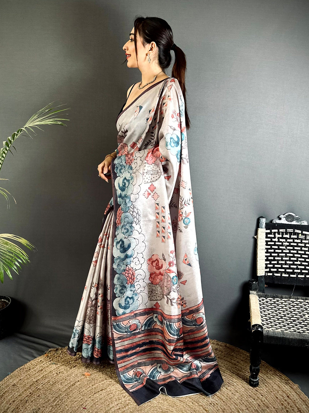 Opulent Floral Kalamkari Tussar Saree