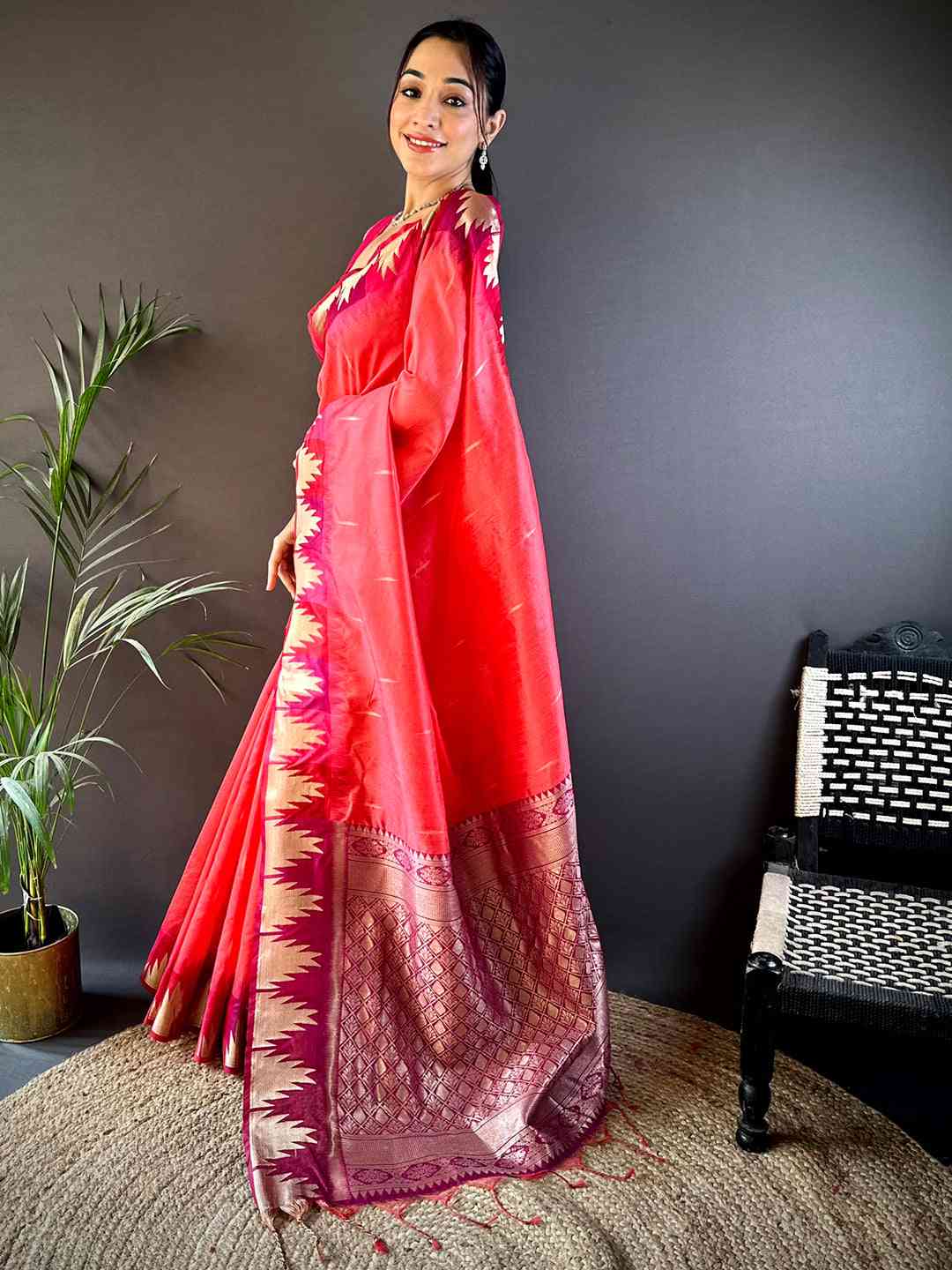 Peach Banarasi Raw Silk Ikkat Saree