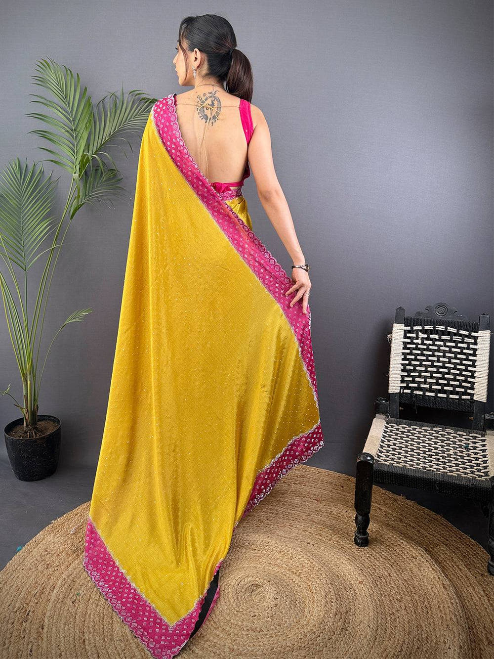 Mustard Poly Chiffon Diamond Stone Work Saree


