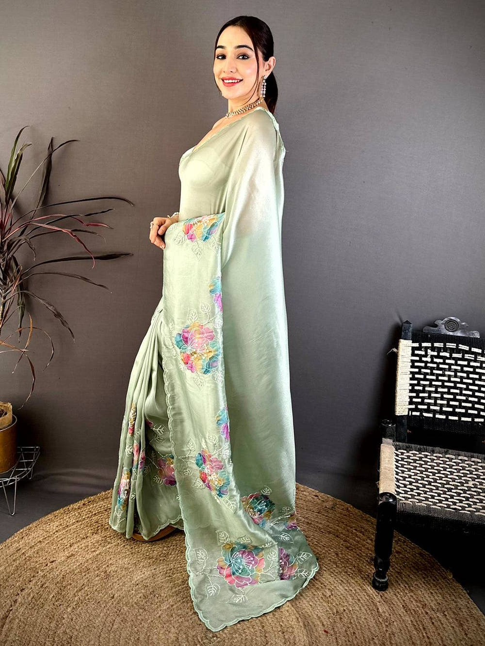 Elegant Applique Pearl Embroidered Saree