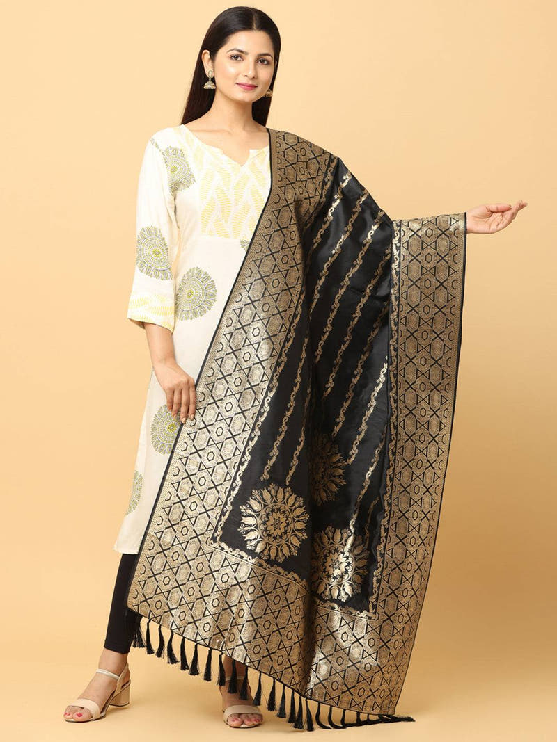Silk blend black dupatta with intricate woven design