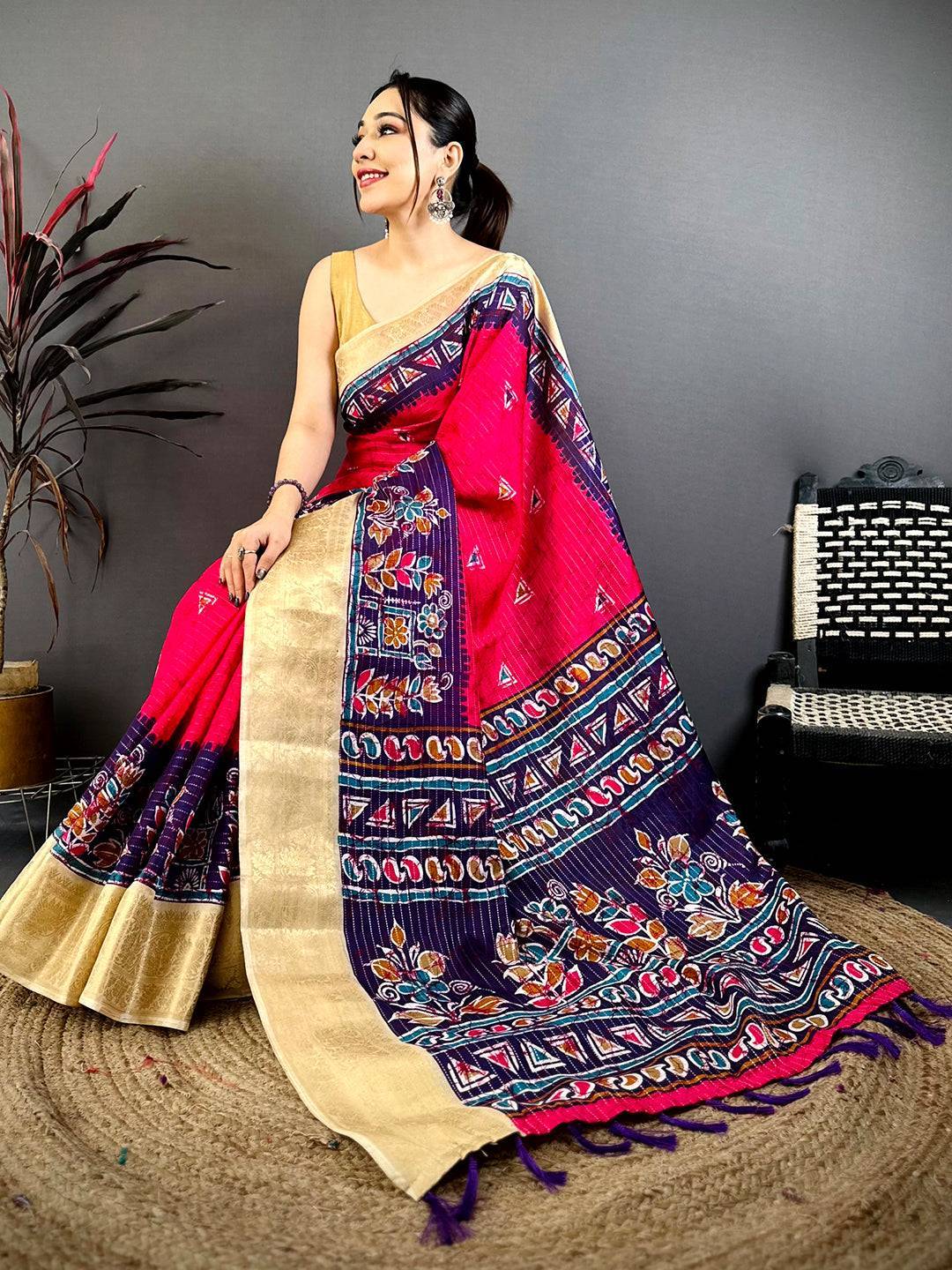 Rani Pink Dola Kalamkari Zari Stripe Saree