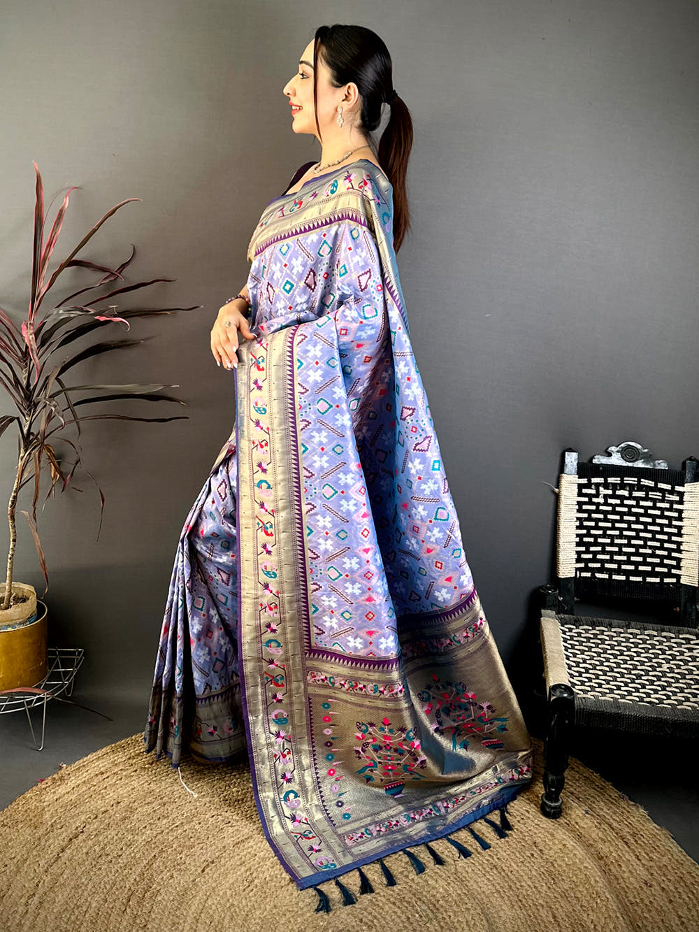 Close-up of Light Lavender Patola Silk Zari Weaving Saree showcasing detailed embroidery and design