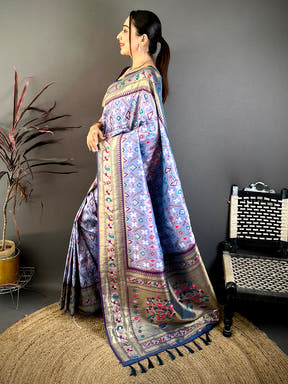 Close-up of Light Lavender Patola Silk Zari Weaving Saree showcasing detailed embroidery and design