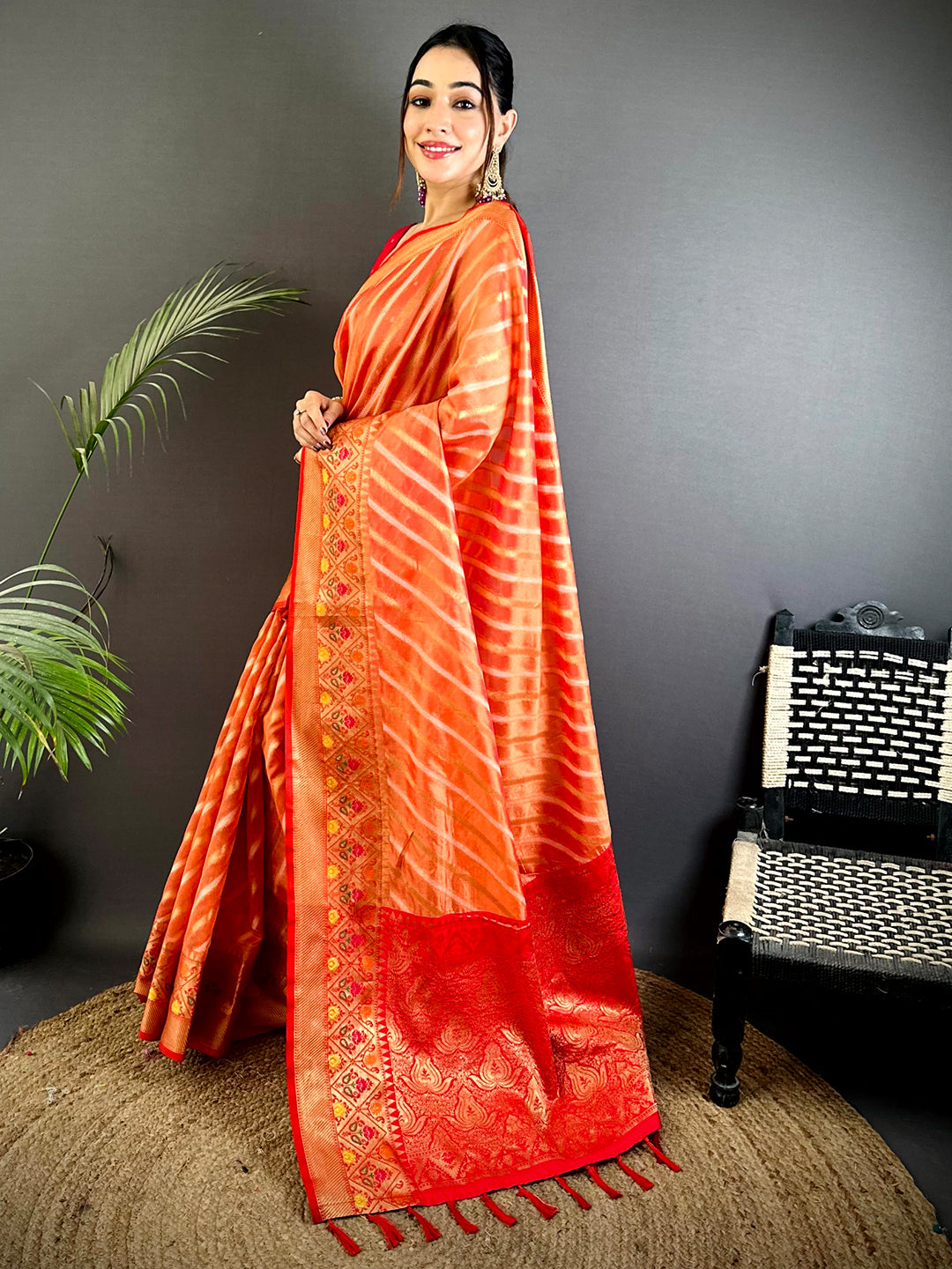 Peach Banarasi Lehriya Katan Silk Saree