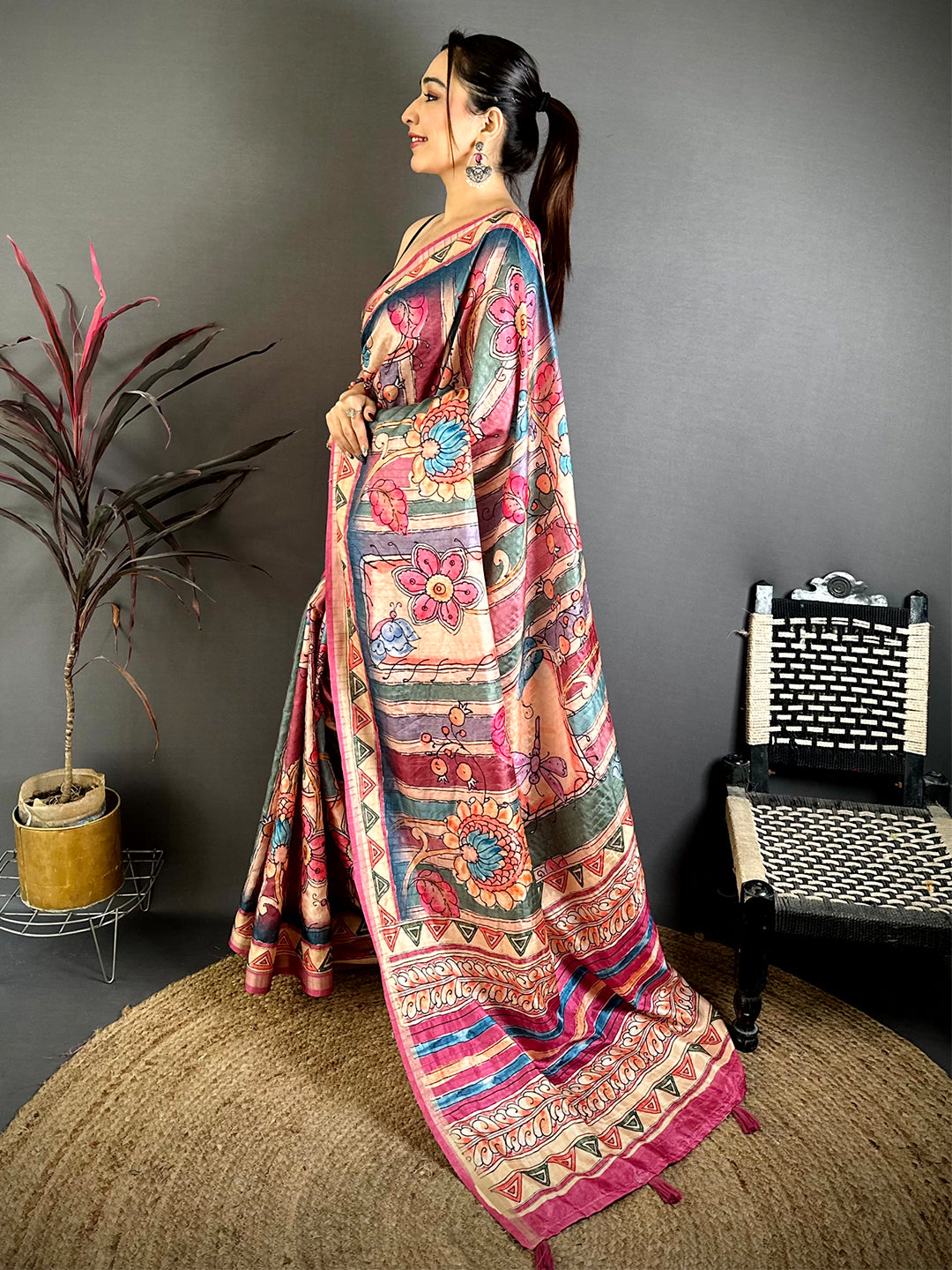 Stylish Tussar Rainbow Striped Saree