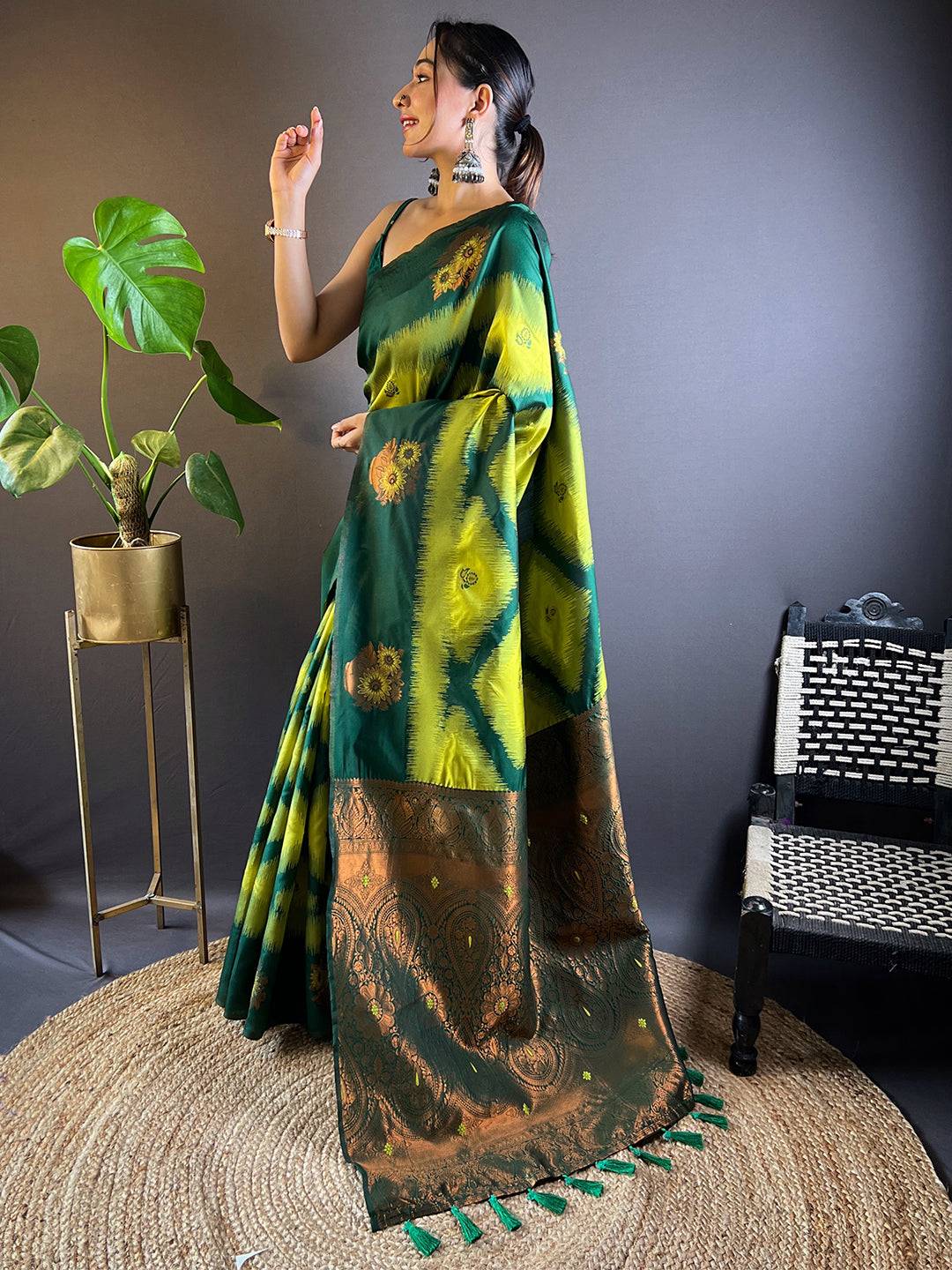 Model showcasing Green Tussar Silk Ikkat Weaving Saree