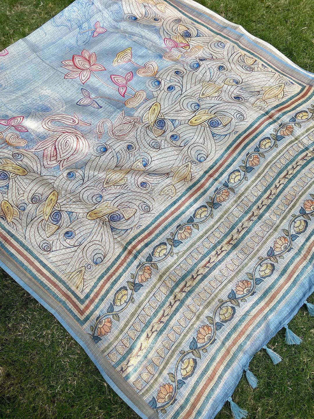Sky Blue Kota Doriya Silk Saree With Flower Kalamkari Print