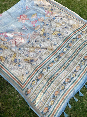 Sky Blue Kota Doriya Silk Saree With Flower Kalamkari Print