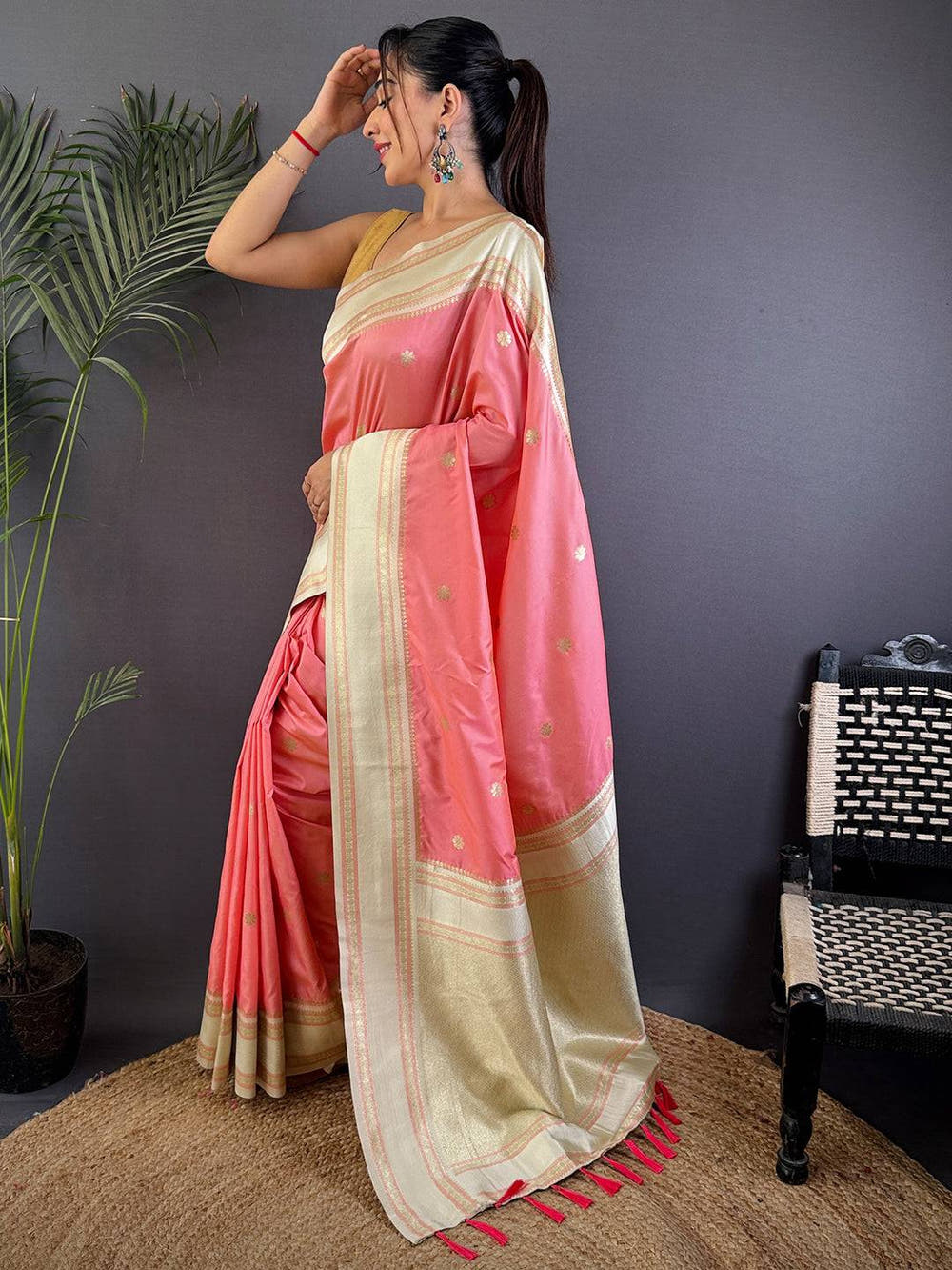 Radiant Peach Soft Silk Floral Butta Saree

