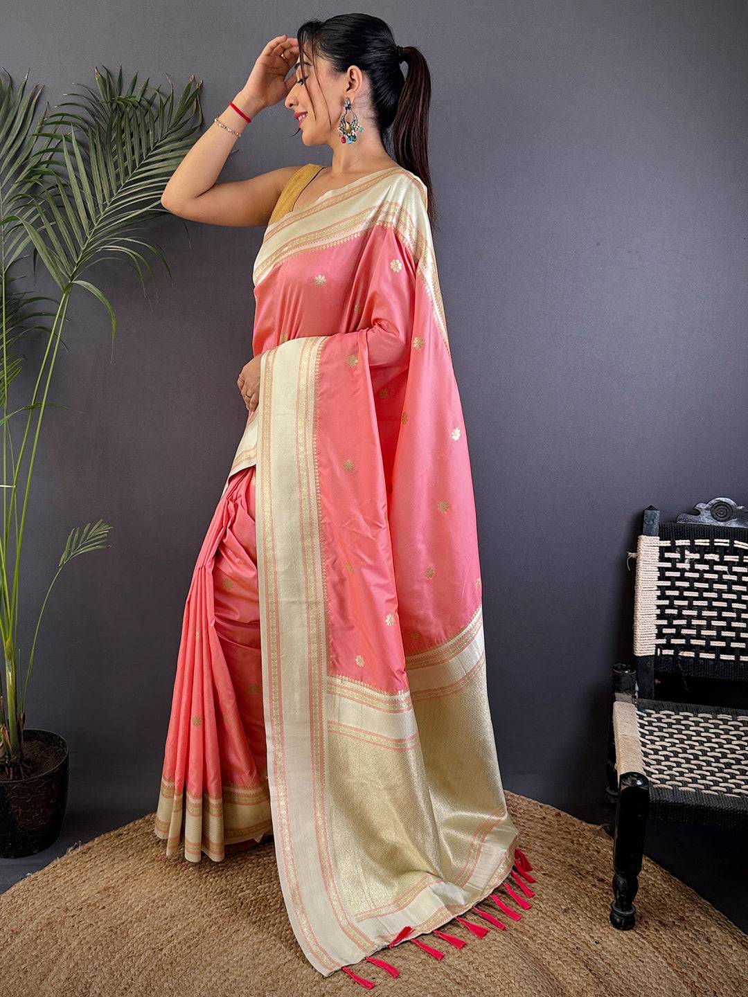 Radiant Peach Soft Silk Floral Butta Saree

