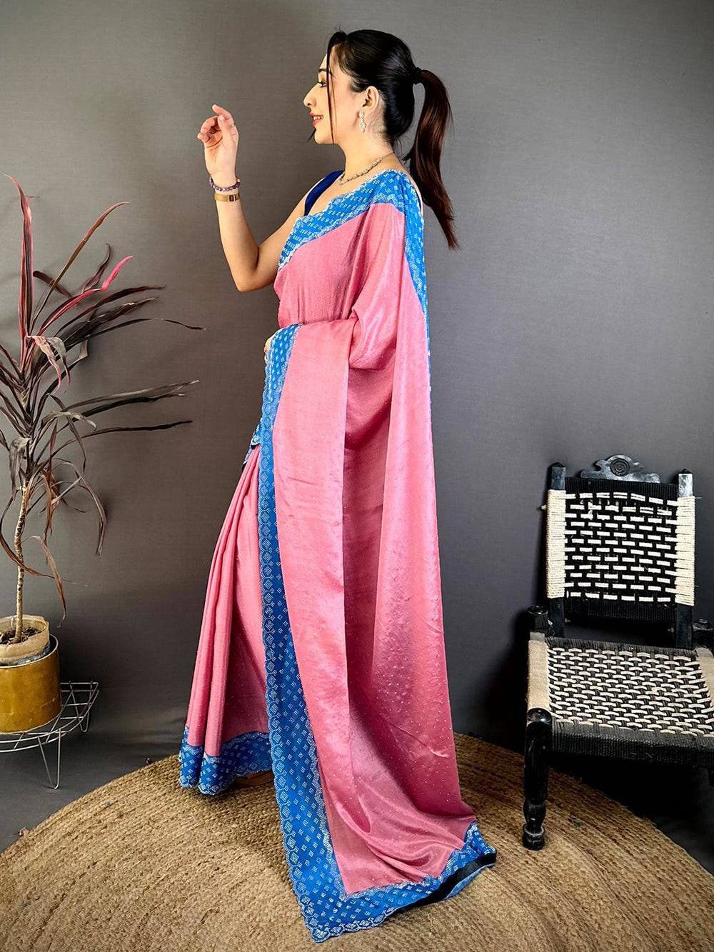 Gajri Poly Chiffon Diamond Stone Work Saree