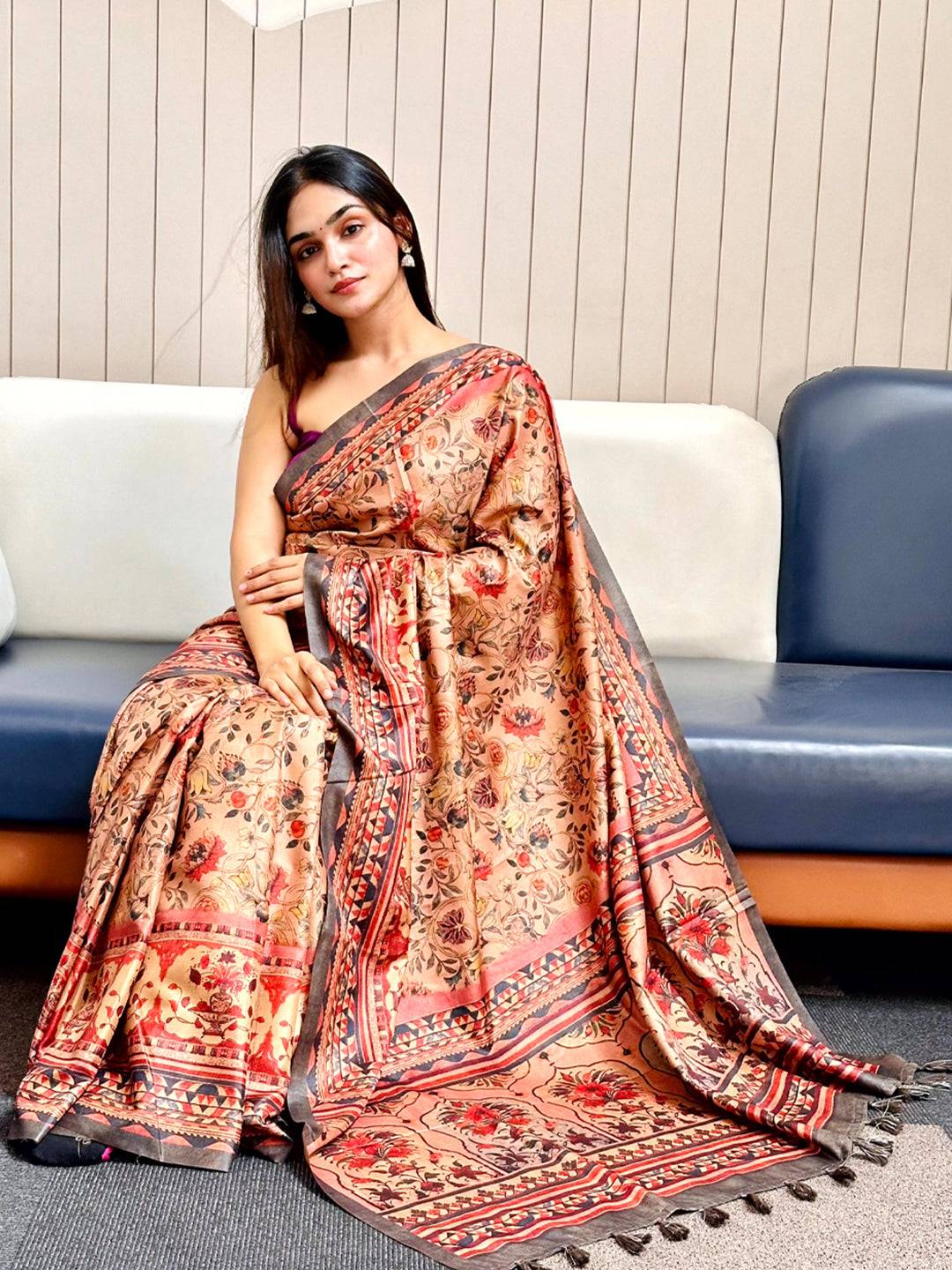 Peachy Pink Tussar Silk Saree with Floral Pashmina Print